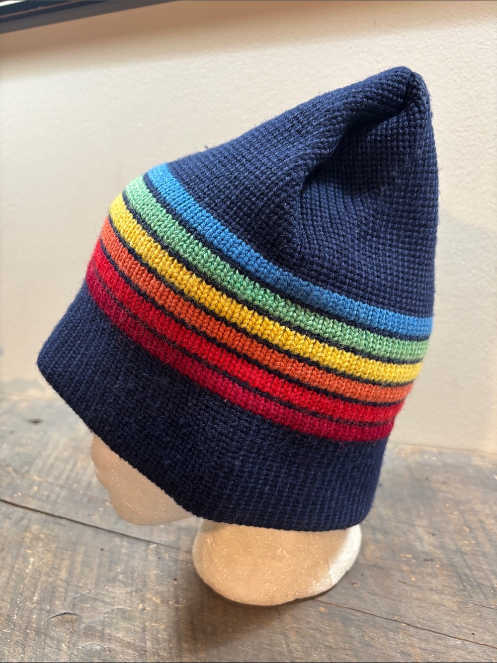 Vintage Meister Wool Navy Beanie with Rainbow Stripes